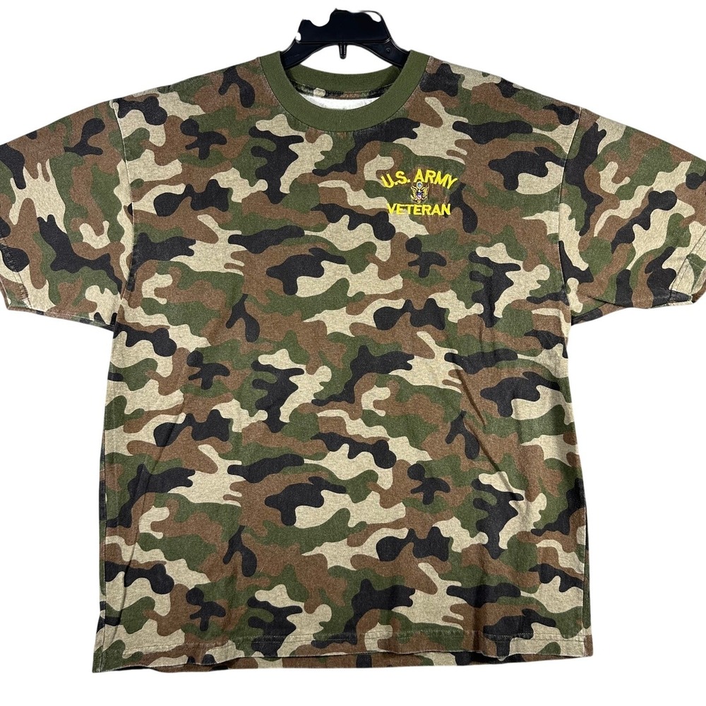 U.S. Army Veteran T-Shirt Men Large Green Camo Embroidered‎ Logo Military
